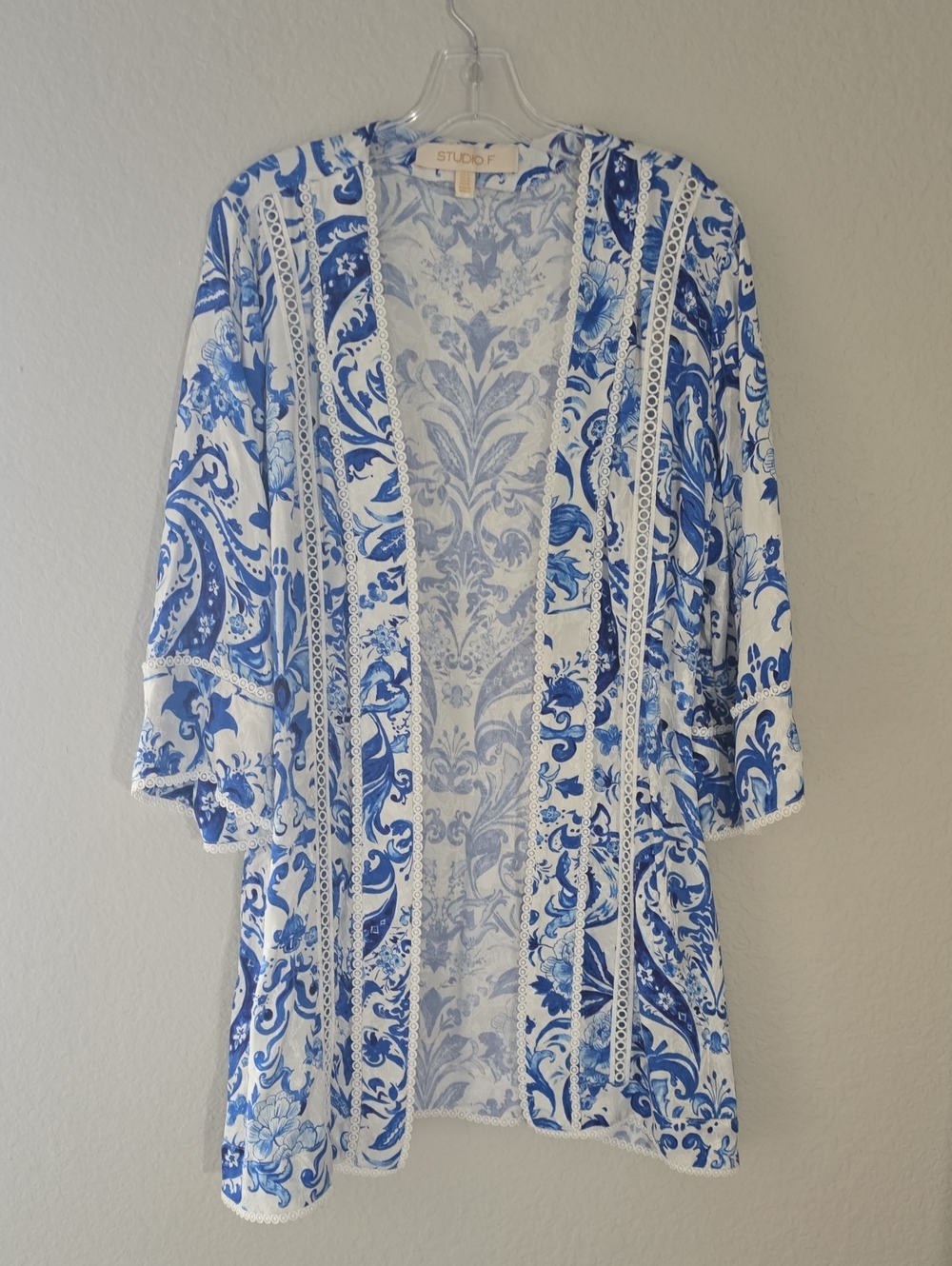 NWOT, Blue & White Floral Lace-Trim Kimono Jacket, Sz 8